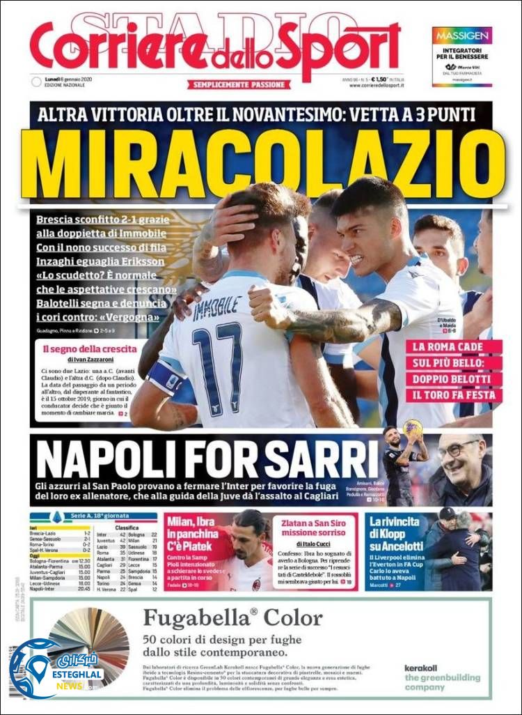 روزنامه ورزشی کوریره دلو اسپورت دوشنبه 16 دی 1398