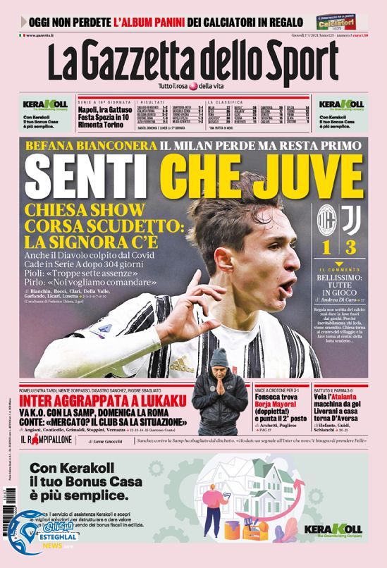 روزنامه ورزشی گاتزتا دلو اسپورت پنجشنبه 18 دی&nbsp;1399