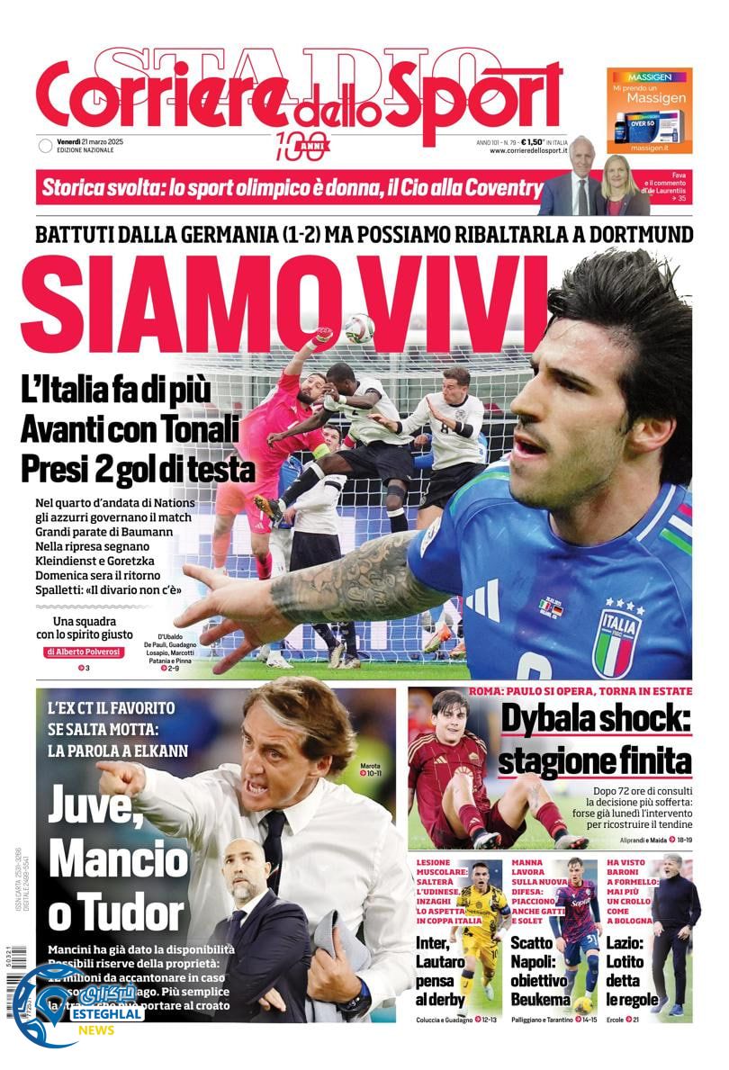 روزنامه  ورزشی کوریره دلو اسپورت جمعه 1 فروردین 1404 