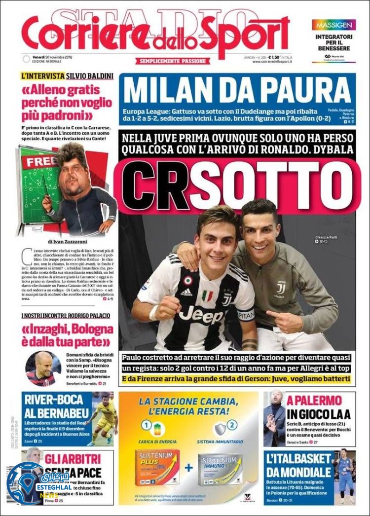 روزنامه کوریره دلو اسپورت جمعه 9 آذر 1397