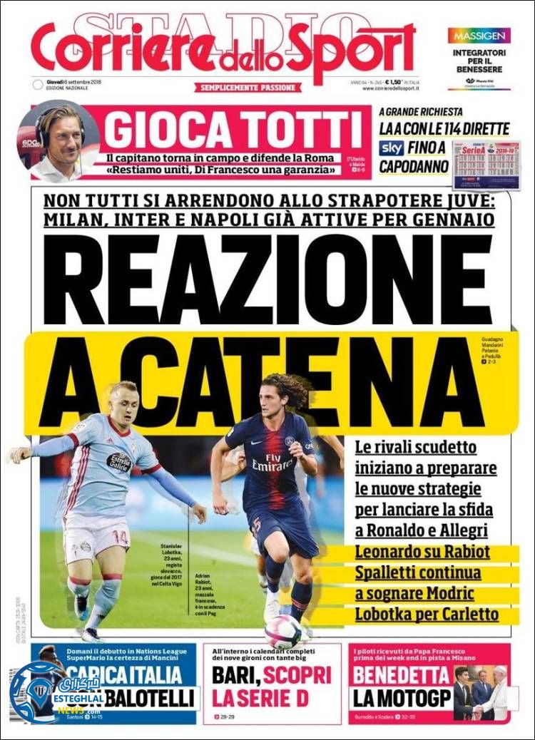 روزنامه ورزشی کوریره دلو اسپورت پنجشنبه 15 شهریور 1397