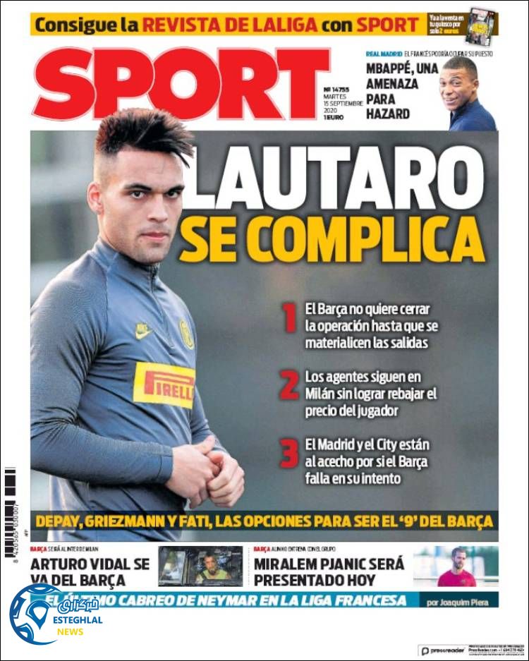 روزنامه  ورزشی اسپورت سه شنبه 25 شهریور 1399