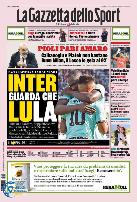 روزنامه ورزشی گاتزتا دلو اسپورت دوشنبه 29 مهر 1398