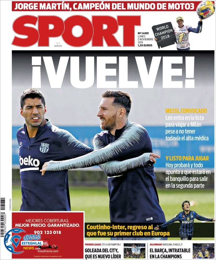 روزنامه ورزشی اسپورت دوشنبه 14 آبان 1397