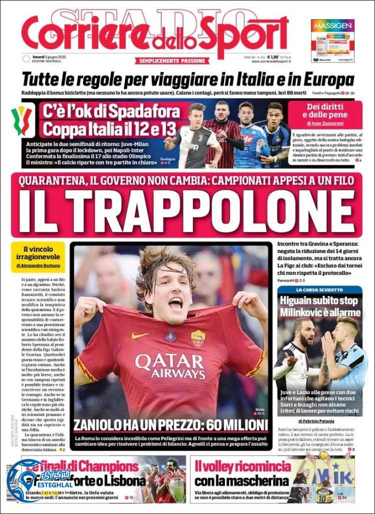 روزنامه ورزشی کوریره دلو اسپورت جمعه 16 خرداد 1399