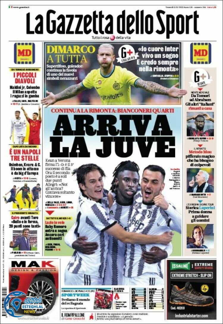 روزنامه ورزشی گاتزتا دلو اسپورت جمعه 20 آبان 1401 