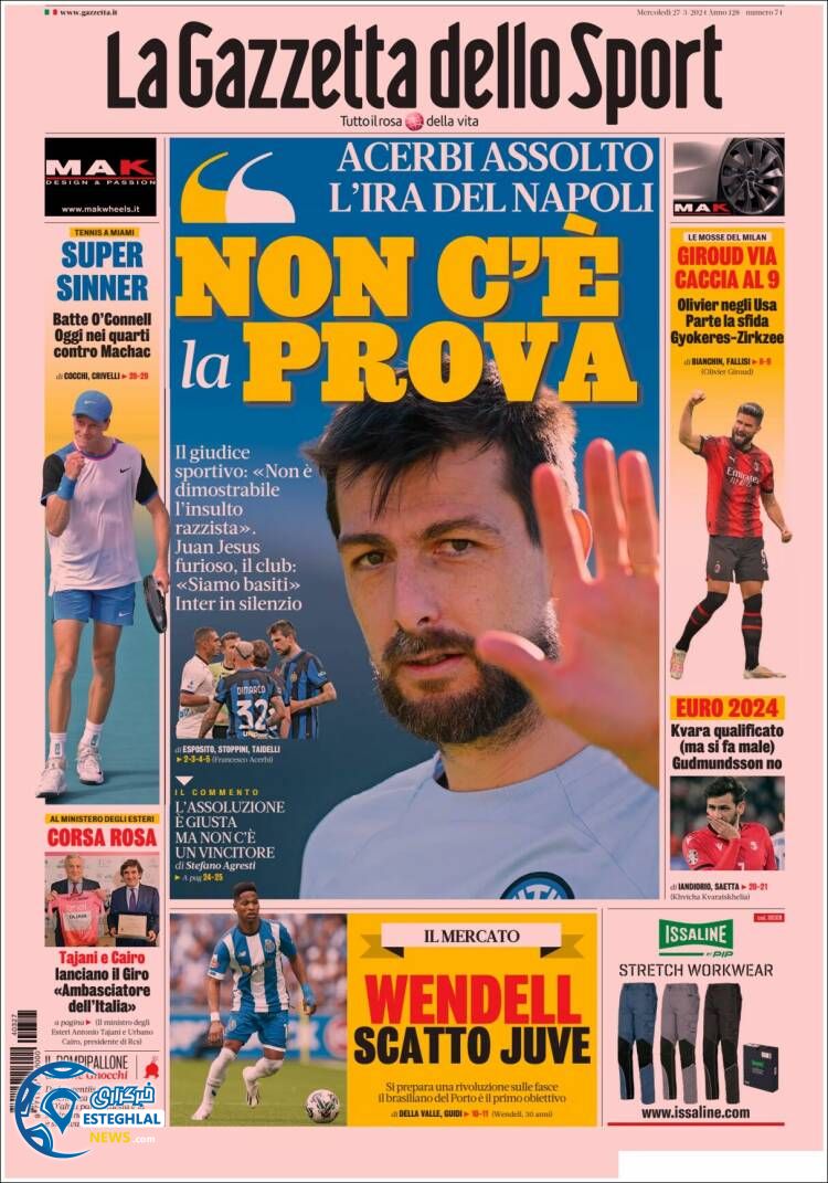 روزنامه ورزشی گاتزتا دلو اسپورت چهارشنبه 8 فروردین 1403 