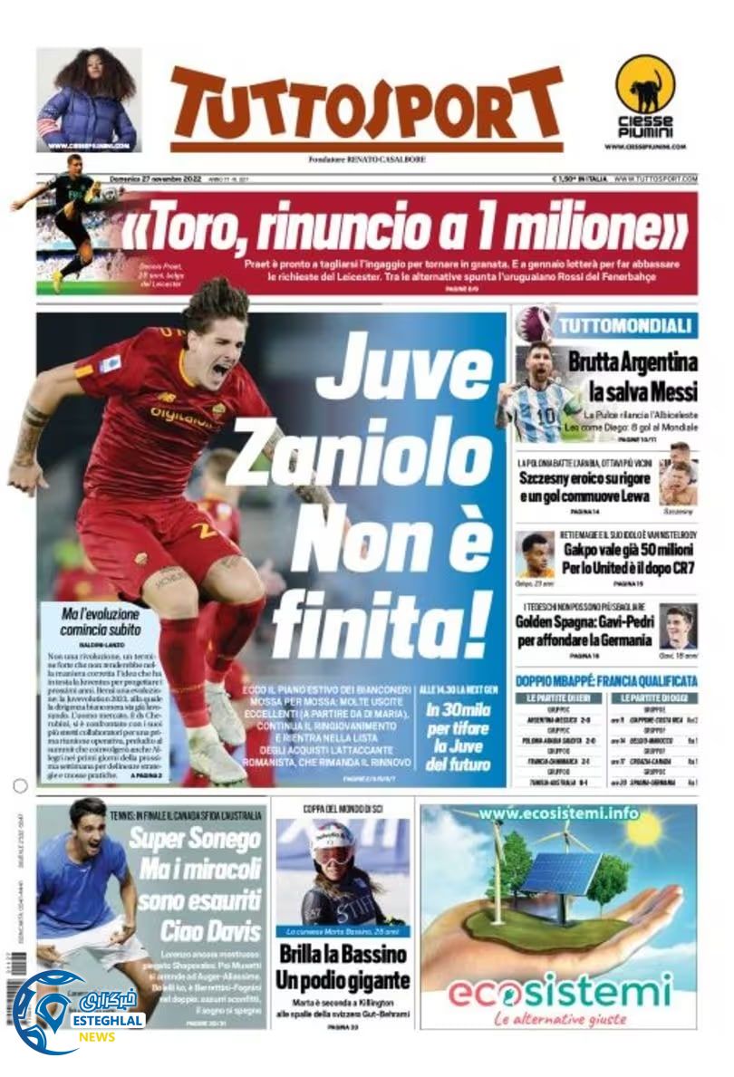 روزنامه ورزشی توتو اسپورت یکشنبه 6 آذر 1401 