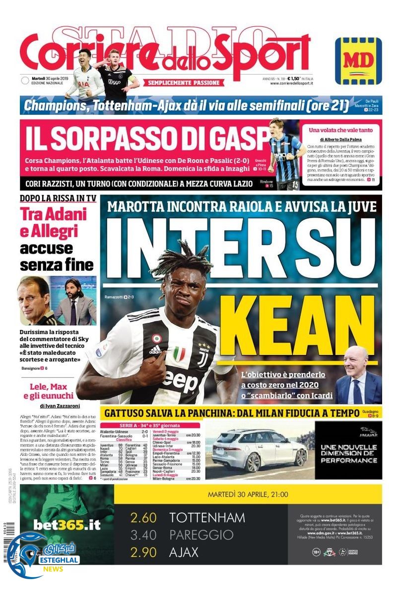 روزنامه ورزشی کوریره دلو اسپورت سه شنبه 10 اردیبهشت 1398