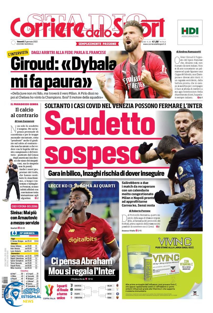 روزنامه ورزشی کوریره دلو اسپورت جمعه 1 بهمن 1400