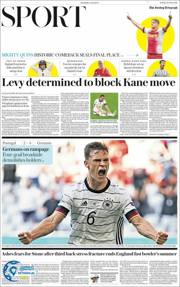 روزنامه ورزشی تلگراف اسپورت یکشنبه 30 خرداد 1400