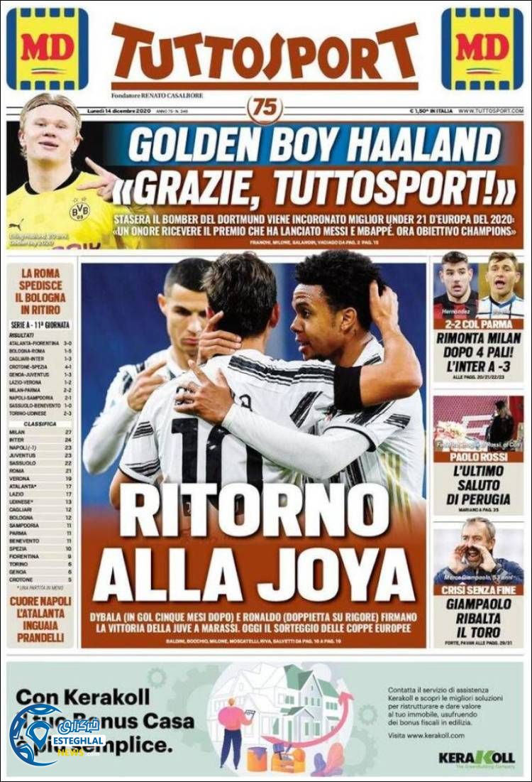 روزنامه ورزشی توتو اسپورت دوشنبه 24 آذر 1399