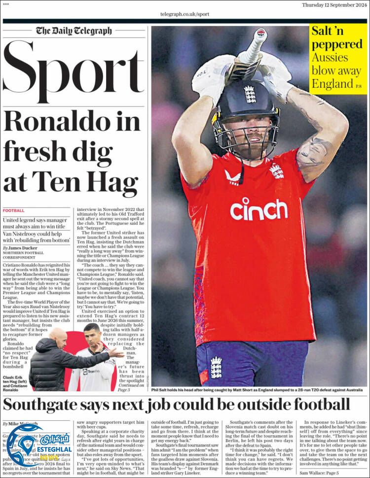 روزنامه  ورزشی تلگراف اسپورت پنجشنبه 22 شهریور 1403 