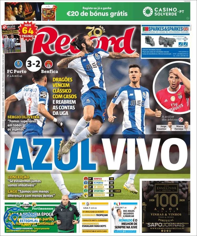 روزنامه ورزشی رکورد یکشنبه 20 بهمن 1398