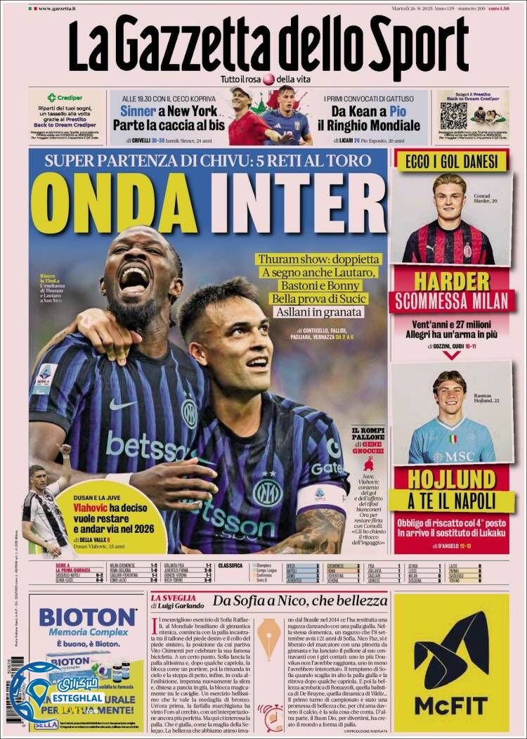 روزنامه  ورزشی گاتزتا دلو اسپورت سه شنبه 4 شهریور 1404  