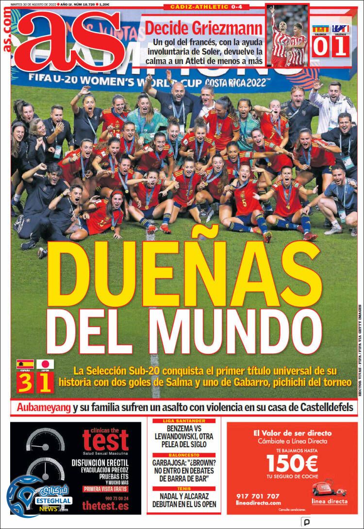 روزنامه ورزشی آ اس سه شنبه 8 شهریور 1401