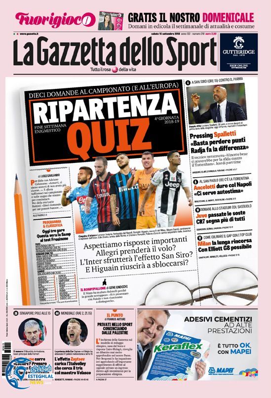 روزنامه ورزشی گاتزتا دلو اسپورت شنبه 24 شهریور 1397