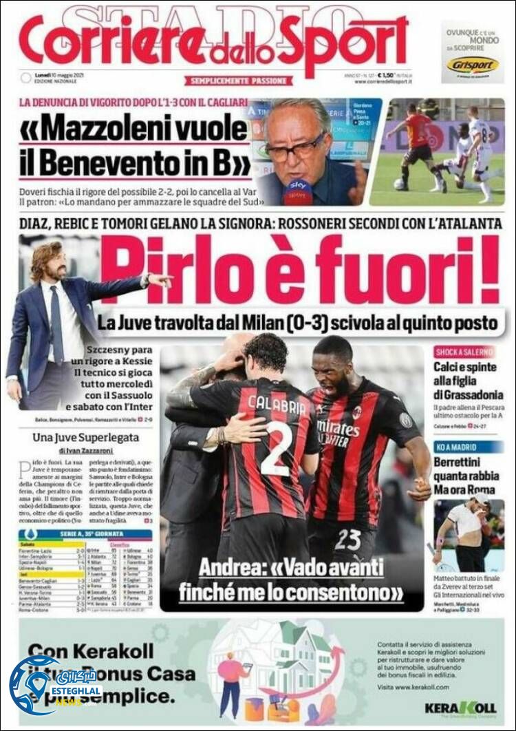 روزنامه ورزشی کوریره دلو اسپورت دوشنبه 20 اردیبهشت 1400