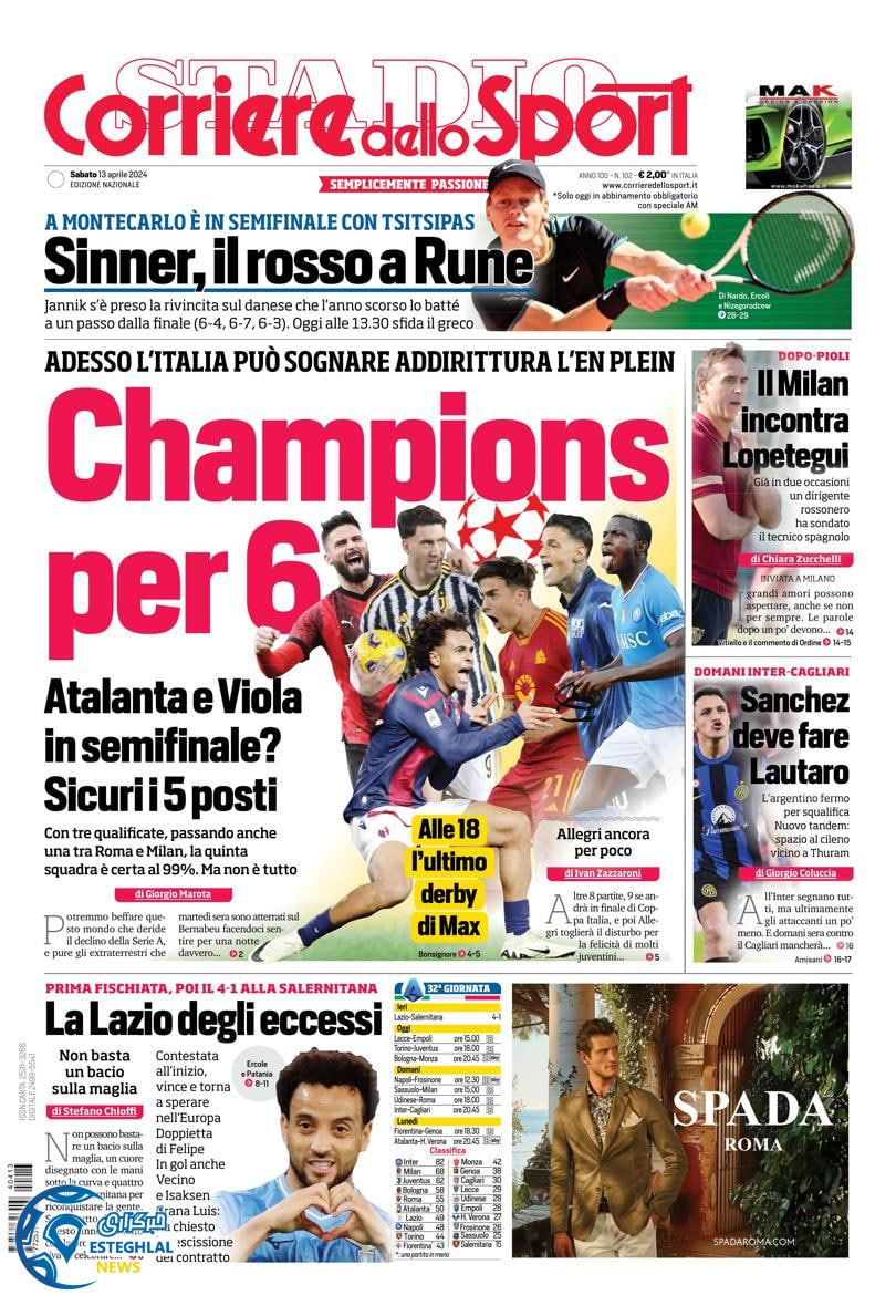 روزنامه ورزشی کوریره دلو اسپورت شنبه 25 فروردین 1403 