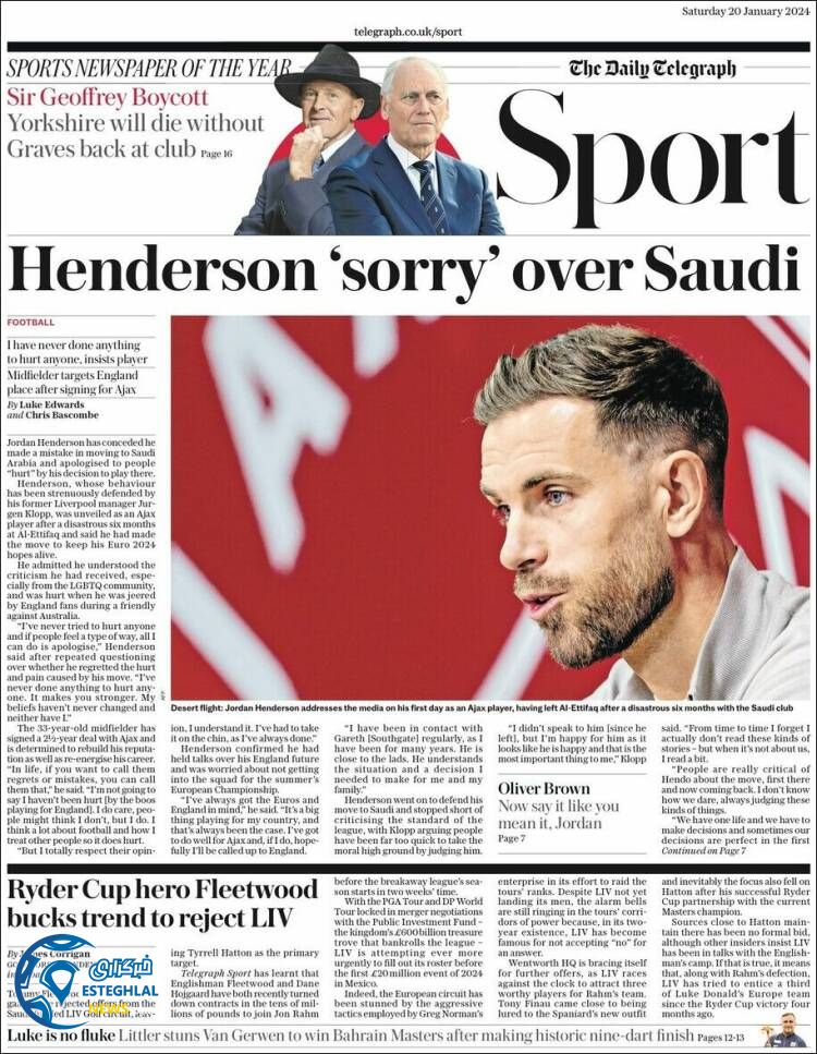 روزنامه  ورزشی تلگراف اسپورت شنبه 30 دی 1402 