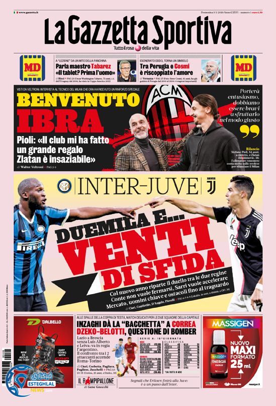 روزنامه ورزشی گاتزتا دلو اسپورت یکشنبه 15 دی 1398