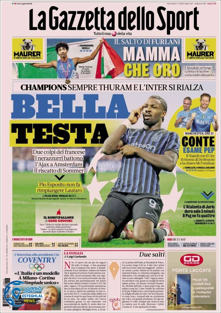 روزنامه ورزشی گاتزتا دلو اسپورت پنجشنبه 27 شهریور 1404 