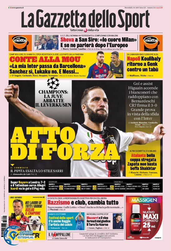 روزنامه ورزشی گاتزتا دلو اسپورت چهارشنبه 10 مهر 1398