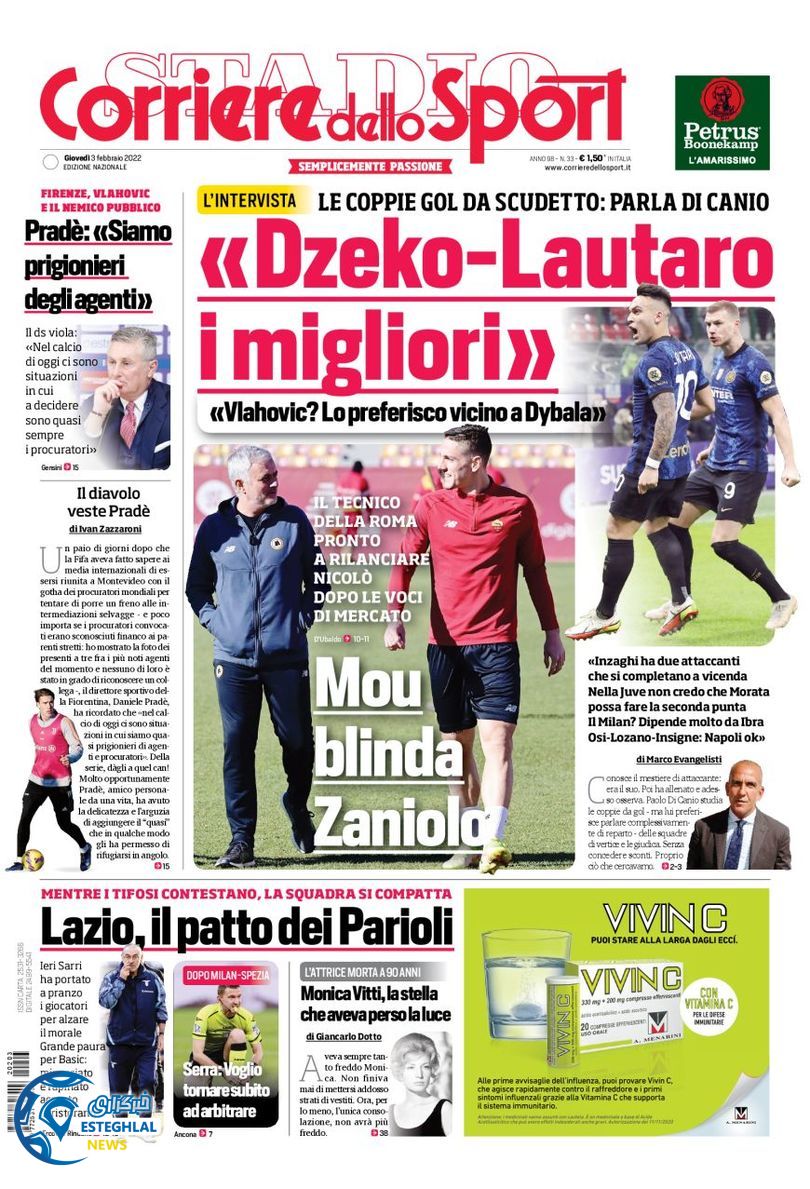 روزنامه ورزشی کوریره دلو اسپورت پنجشنبه 14 بهمن 1400