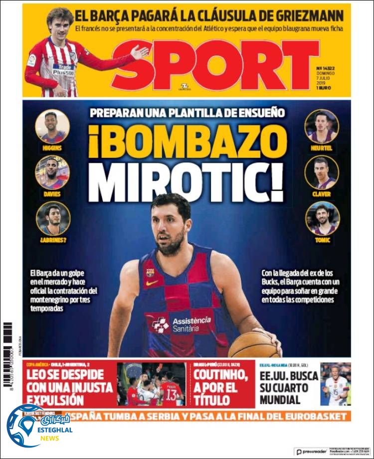 روزنامه ورزشی اسپورت یکشنبه 16 تیر 1398