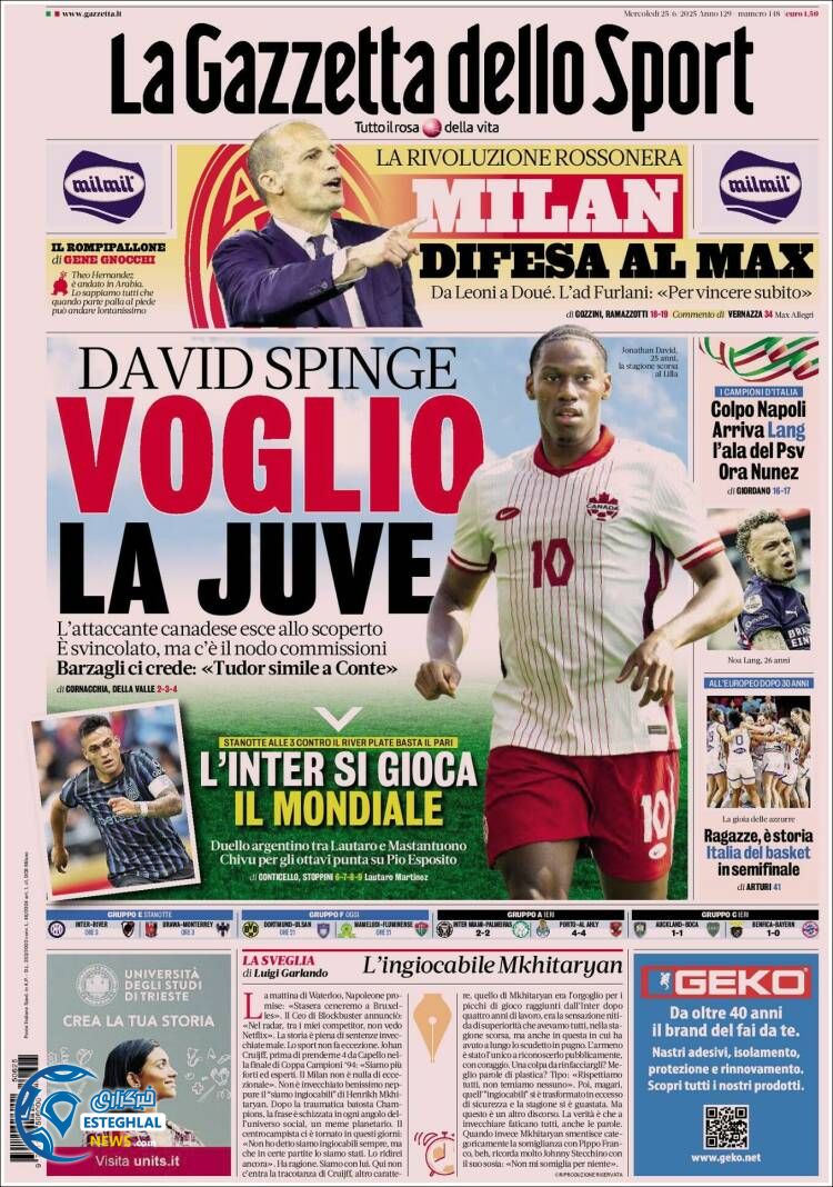 روزنامه ورزشی کوریره دلو اسپورت چهارشنبه 4 تیر 1404  