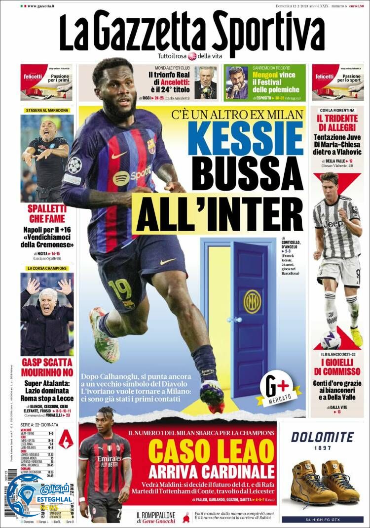 روزنامه ورزشی گاتزتا دلو اسپورت یکشنبه 23 بهمن 1401 