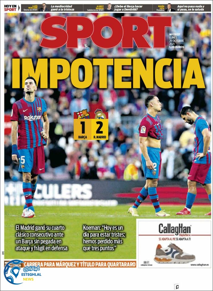 روزنامه ورزشی اسپورت دوشنبه 3 آبان 1400