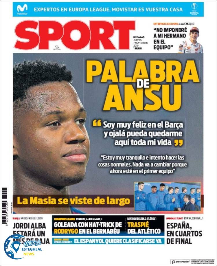 روزنامه ورزشی اسپورت پنجشنبه 16 آبان 1398