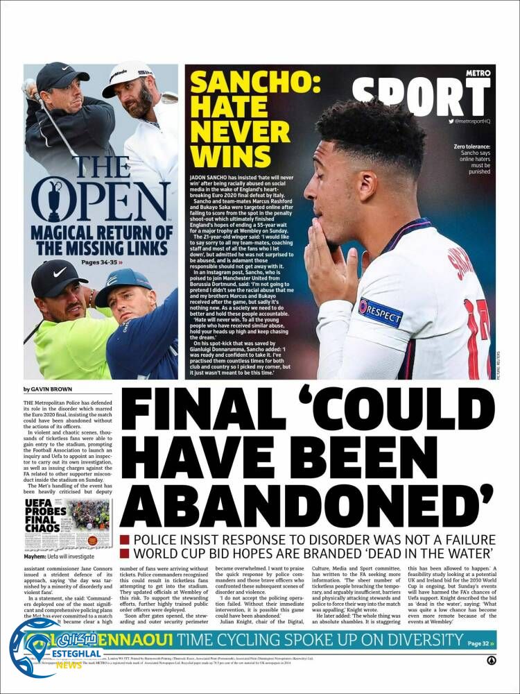 روزنامه ورزشی مترو اسپورت پنجشنبه 24 تیر 1400