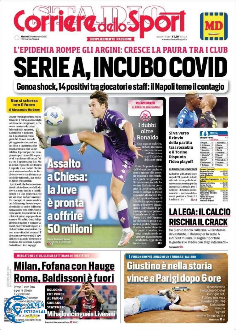 روزنامه ورزشی کوریره دلو اسپورت سه شنبه 8 مهر 1399