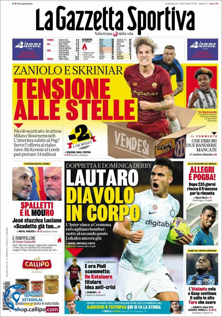 روزنامه ورزشی گاتزتا دلو اسپورت  یکشنبه 9 بهمن 1401  