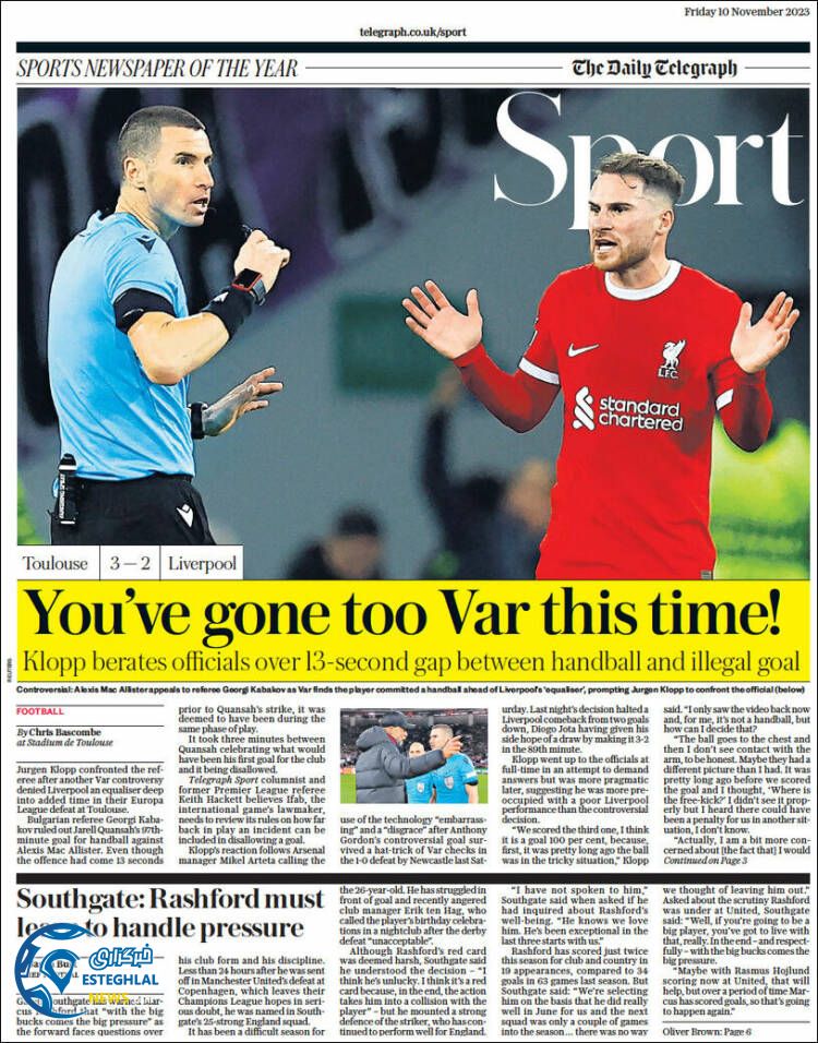 روزنامه  ورزشی تلگراف اسپورت جمعه 19 آبان 1402 