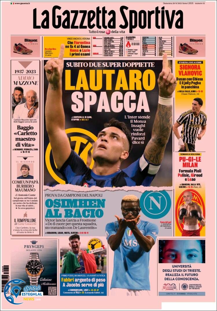 روزنامه  ورزشی گاتزتا دلو اسپورت یکشنبه 29 مرداد 1402 