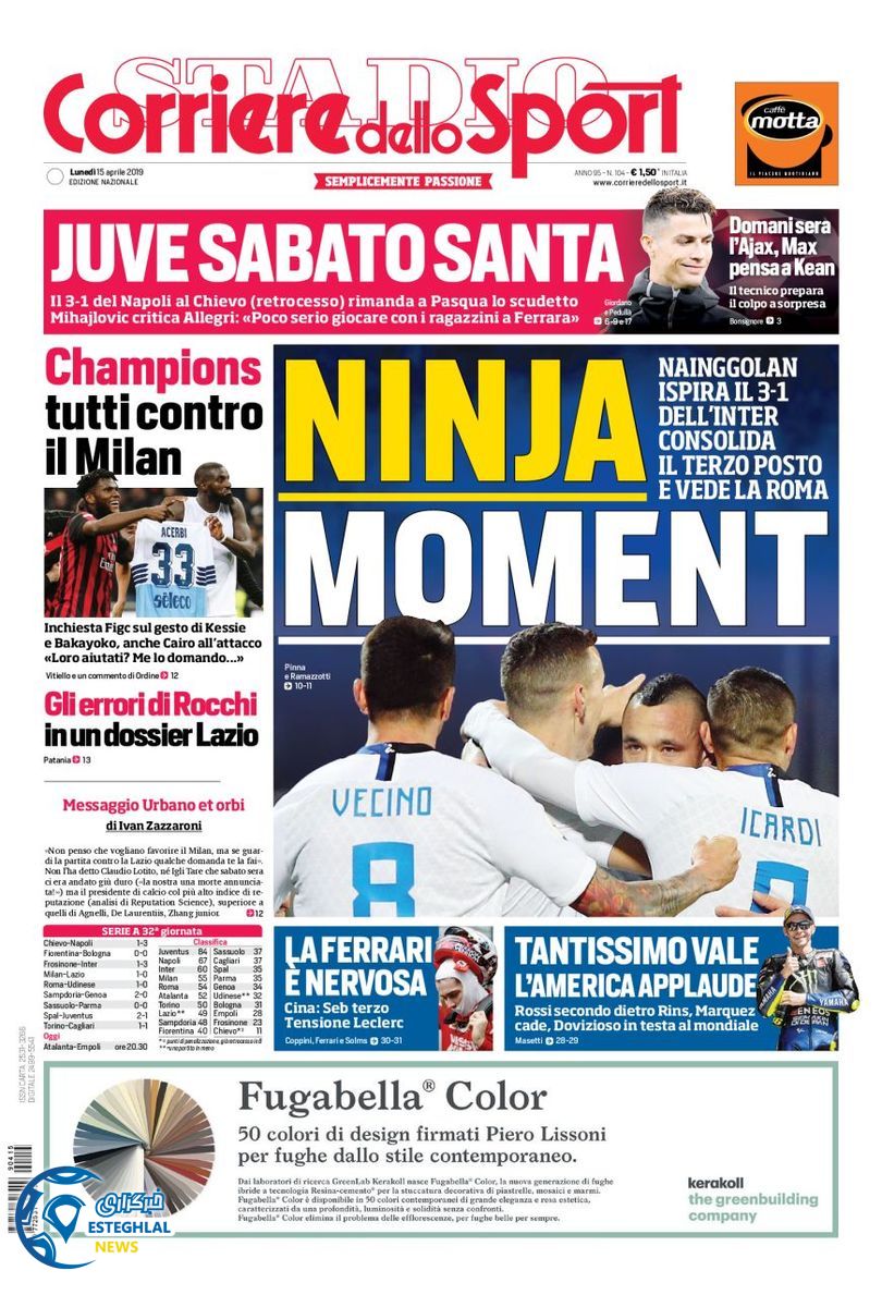 روزنامه ورزشی کوریره دلو اسپورت دوشنبه 26 فروردین 1398