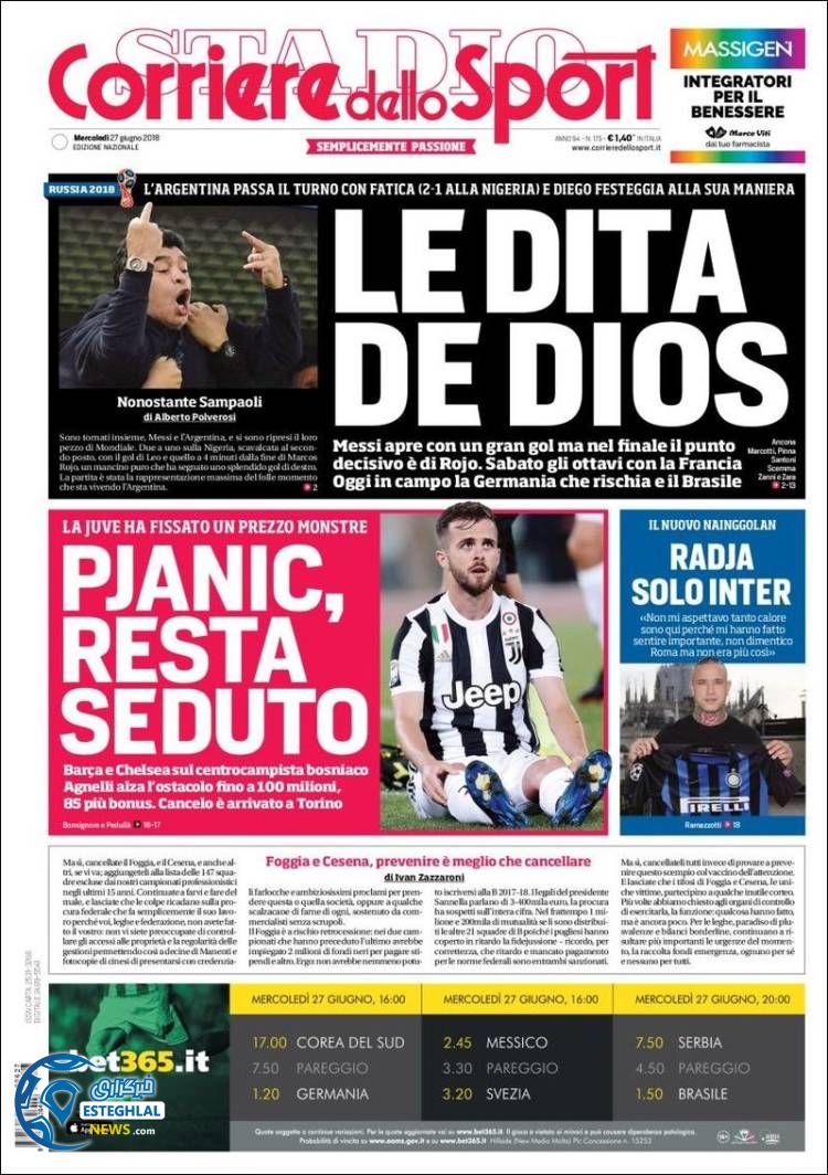 روزنامه ورزشی کوریره دلو اسپورت چهارشنبه 6 تیر 1397