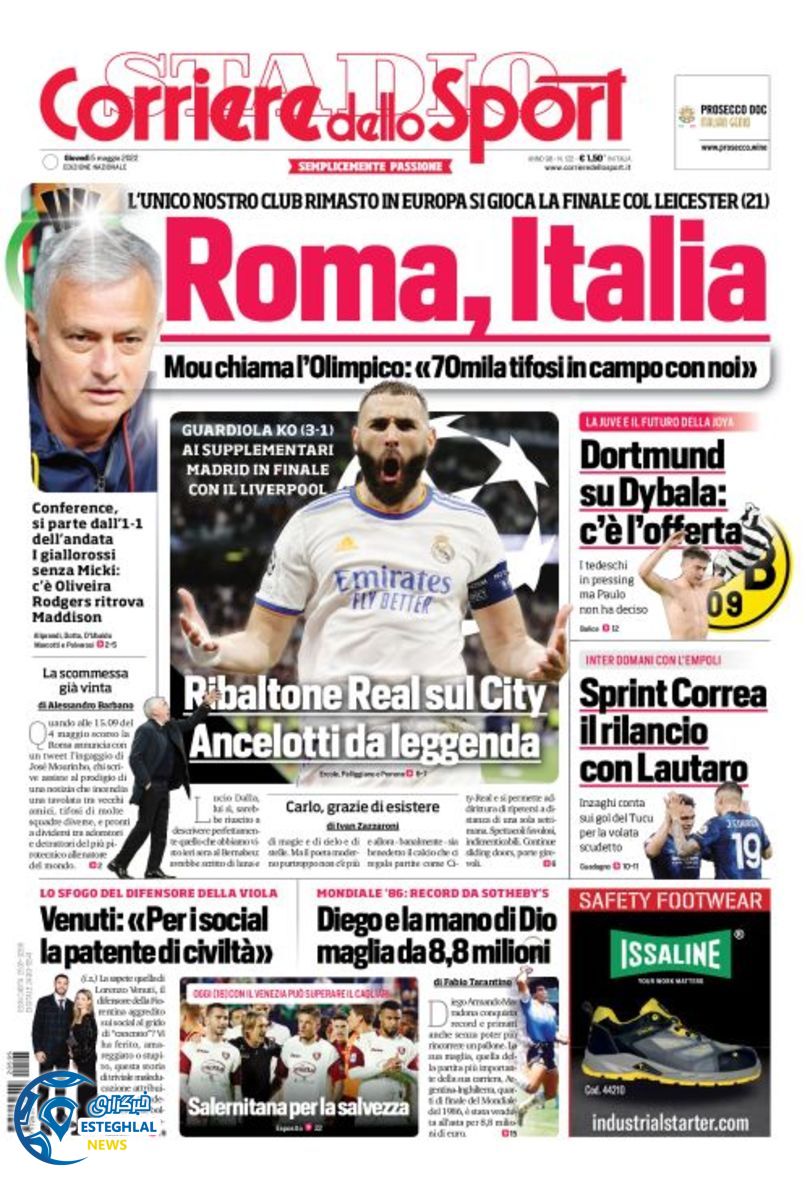 روزنامه ورزشی کوریره دلو اسپورت پنجشنبه 15 اردیبهشت 1401