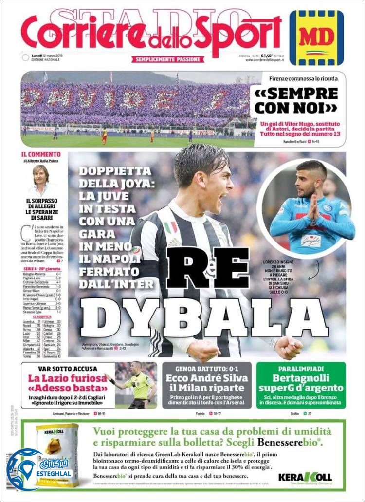 روزنامه ورزشی کوریره دلو اسپورت دوشنبه 21 اسفند 1396