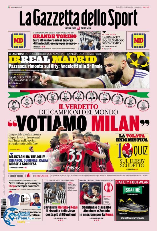 روزنامه ورزشی گاتزتا دلو اسپورت پنجشنبه 15 اردیبهشت 1401