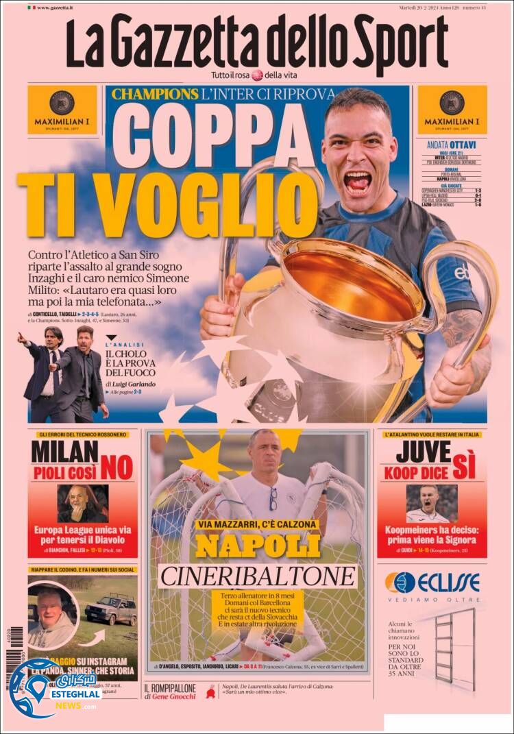 روزنامه ورزشی گاتزتا دلو اسپورت سه شنبه 1 اسفند 1402