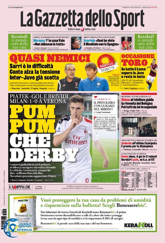 روزنامه ورزشی گاتزتا دلو اسپورت دوشنبه 25 شهریور 1398