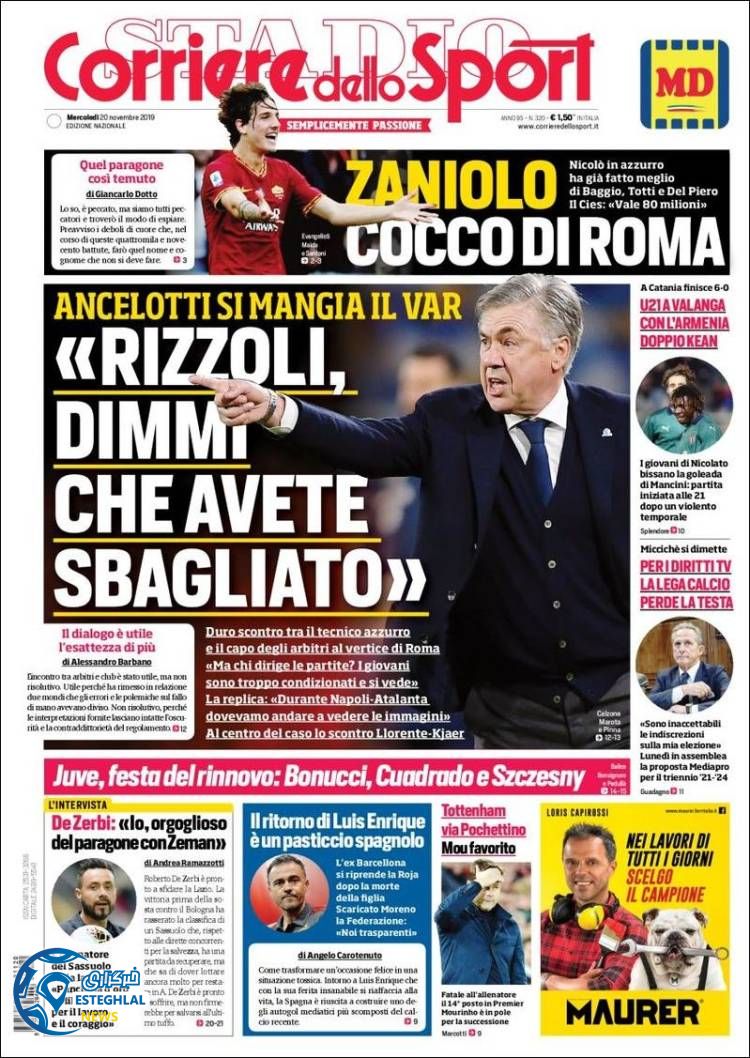 روزنامه ورزشی کوریره دلو اسپورت پنجشنبه 30 آبان 1398