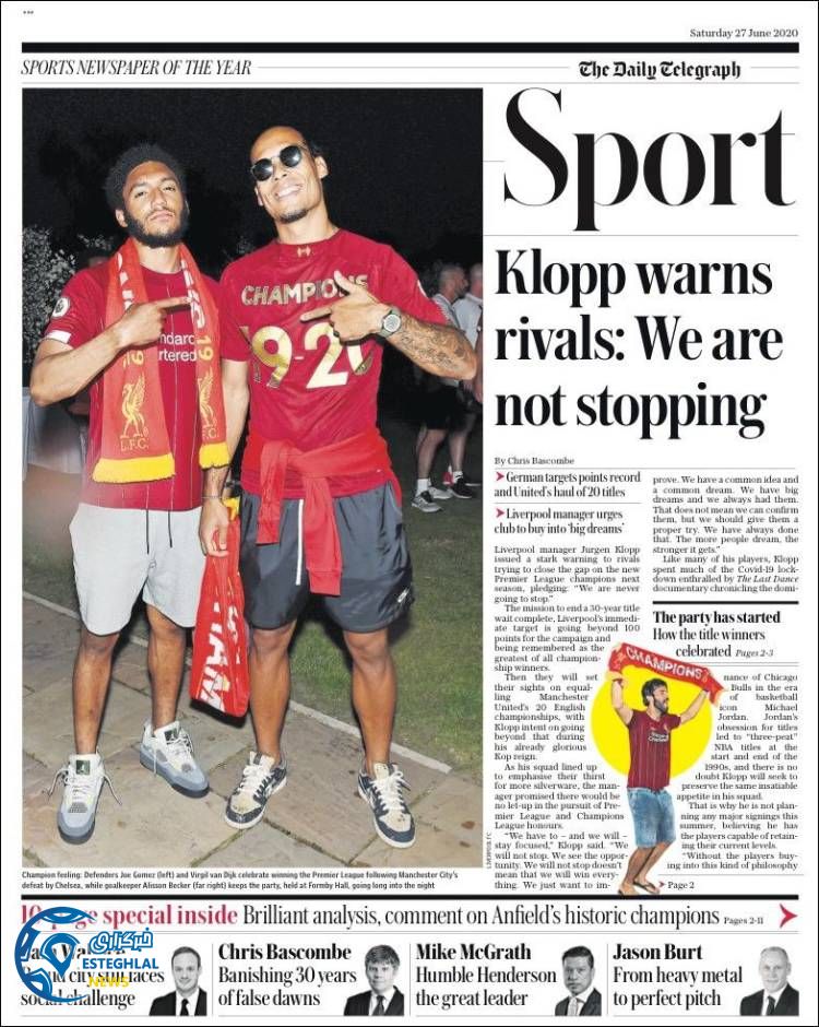 روزنامه ورزشی تلگراف اسپورت شنبه 7 تیر 1399