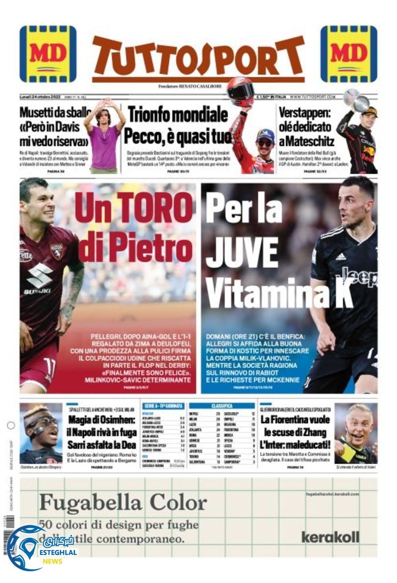 روزنامه ورزشی توتو اسپورت دوشنبه 2 آبان 1401 