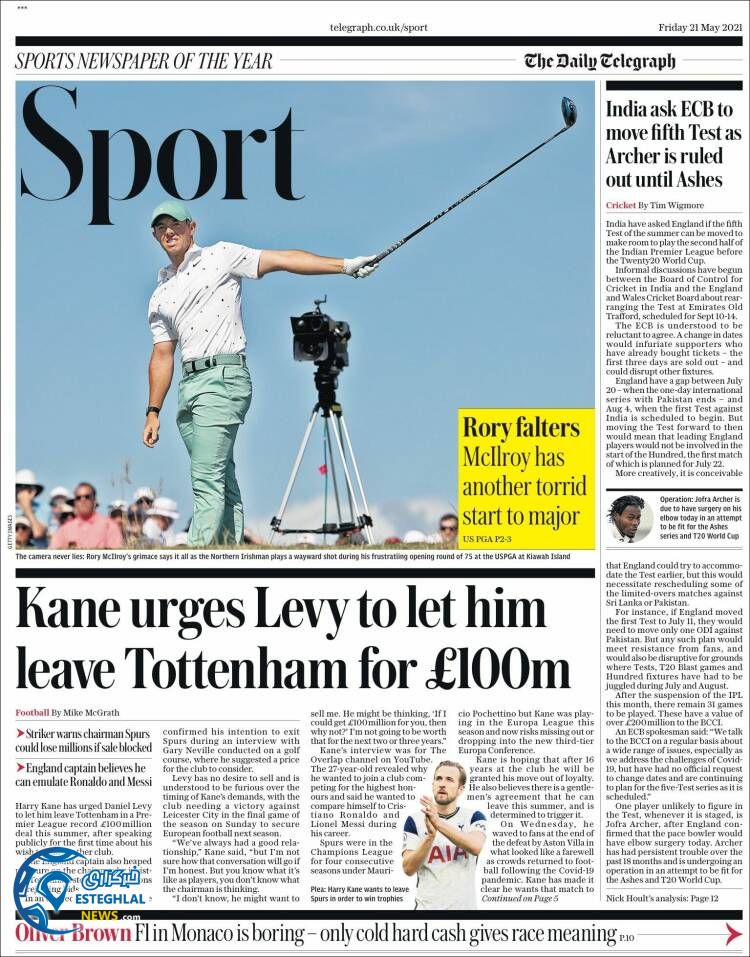 روزنامه ورزشی تلگراف اسپورت جمعه 31 اردیبهشت 1400