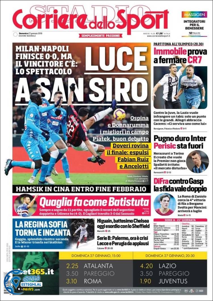 روزنامه ورزشی کوریره دلو اسپورت یکشنبه 7 بهمن 1397